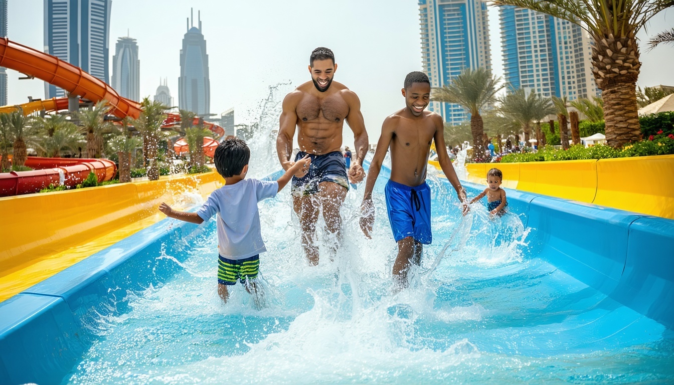 Families and friends enjoying a water park in Dubai